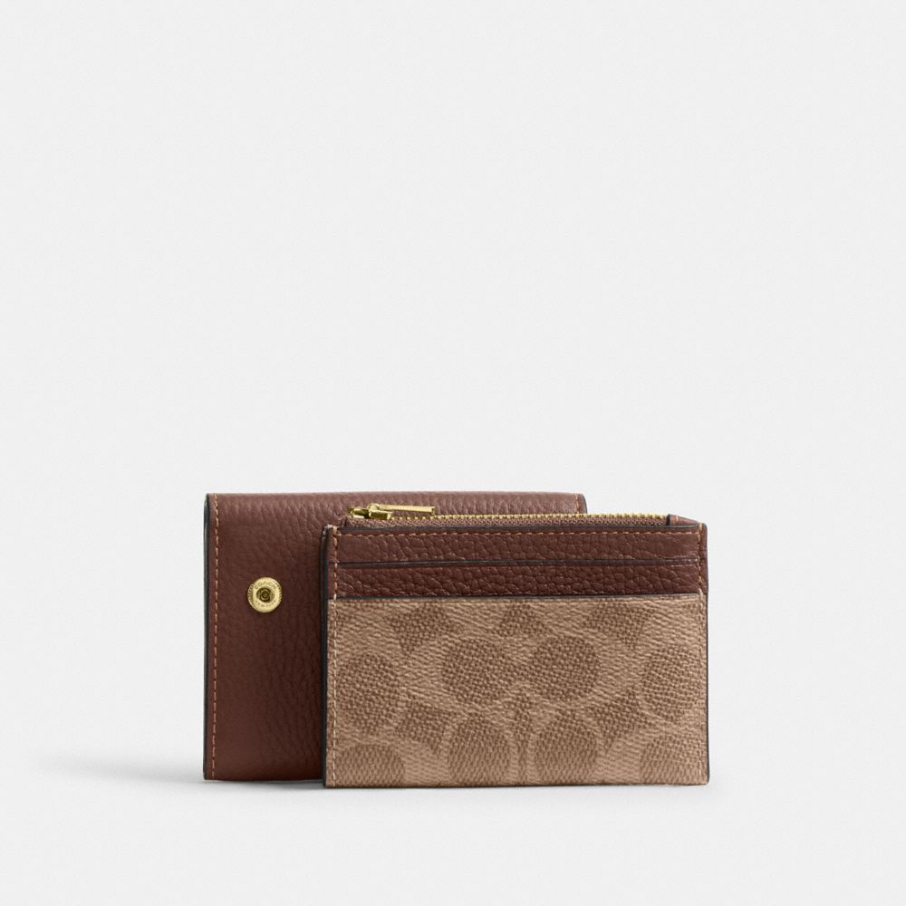 Coach Card Holder Wallet In Signature Canvas Gold Tan Brown