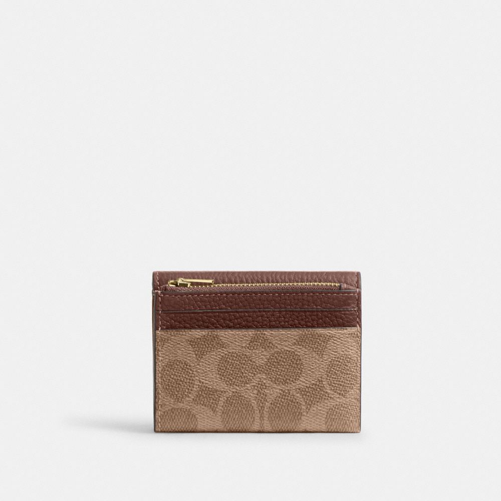 Coach Card Holder Wallet In Signature Canvas Gold Tan Brown