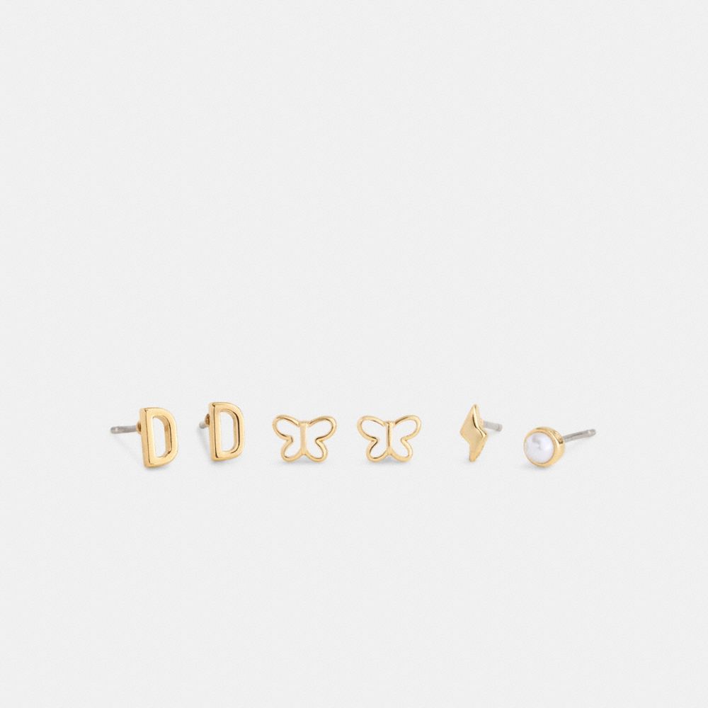 Coach D Initial Stud Earrings Set Gold White