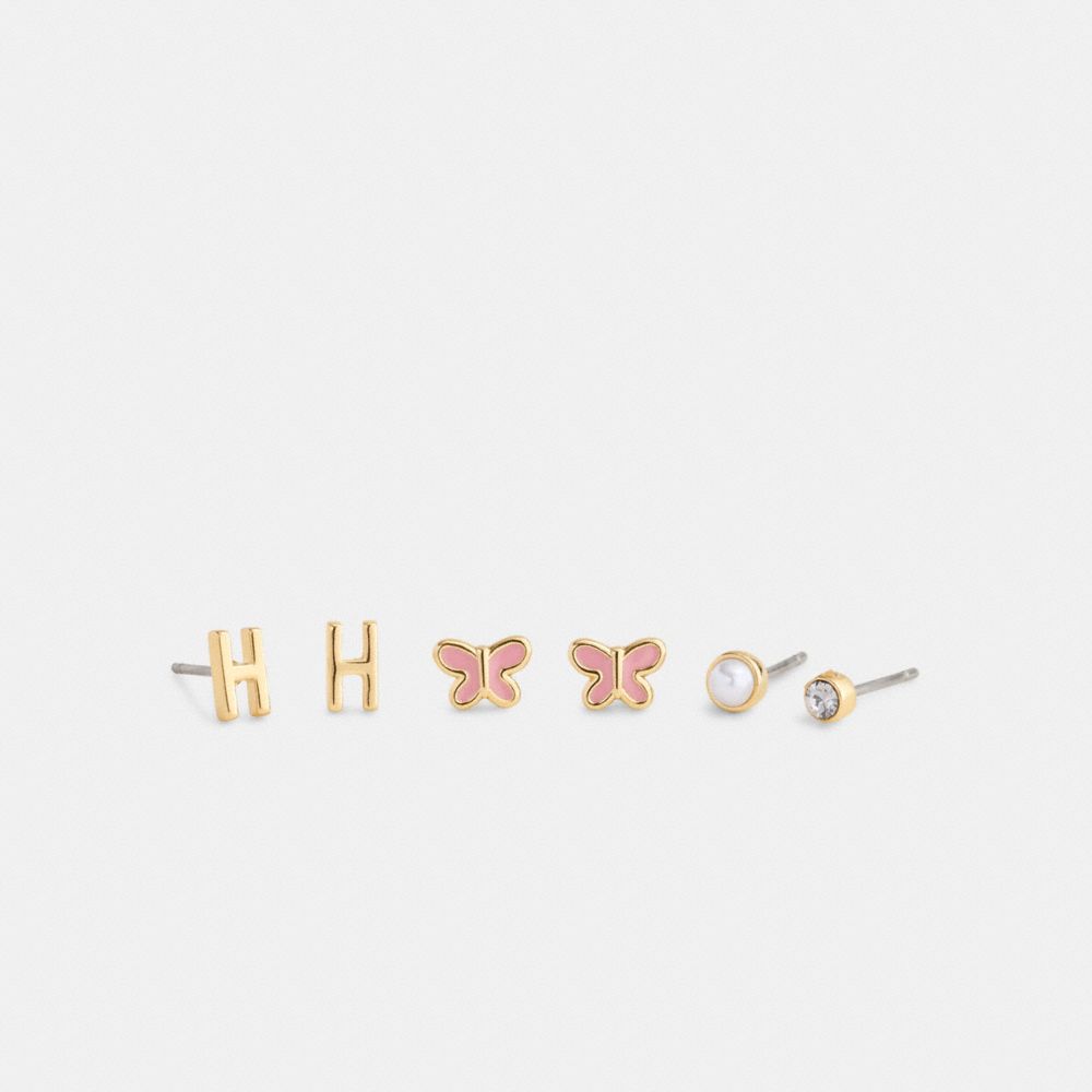 Coach H Initial Stud Earrings Set Gold Pink