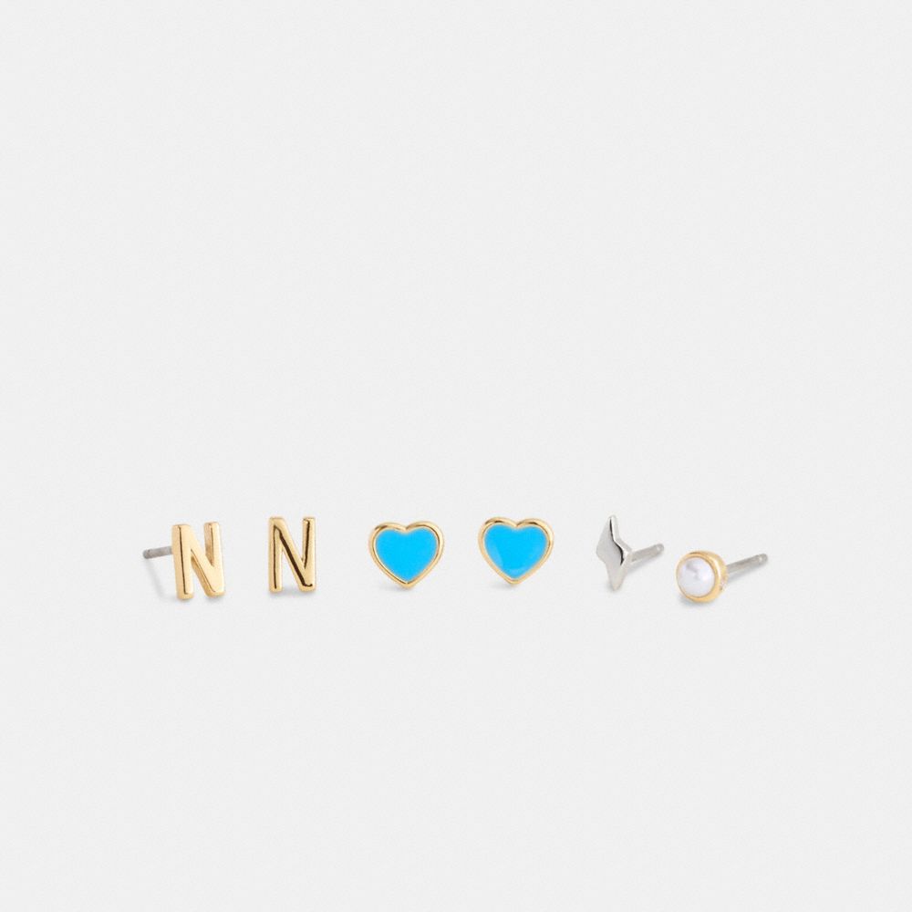 Coach N Initial Stud Earrings Set Gold Blue