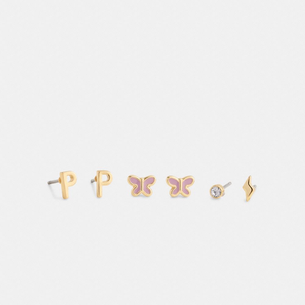 Coach P Initial Stud Earrings Set Gold Purple