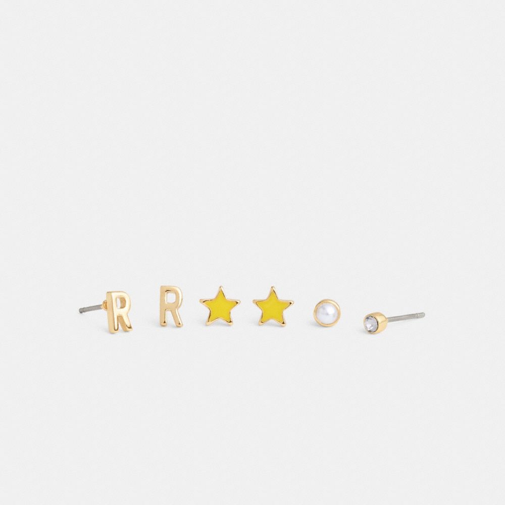 Coach R Initial Stud Earrings Set Gold Yellow