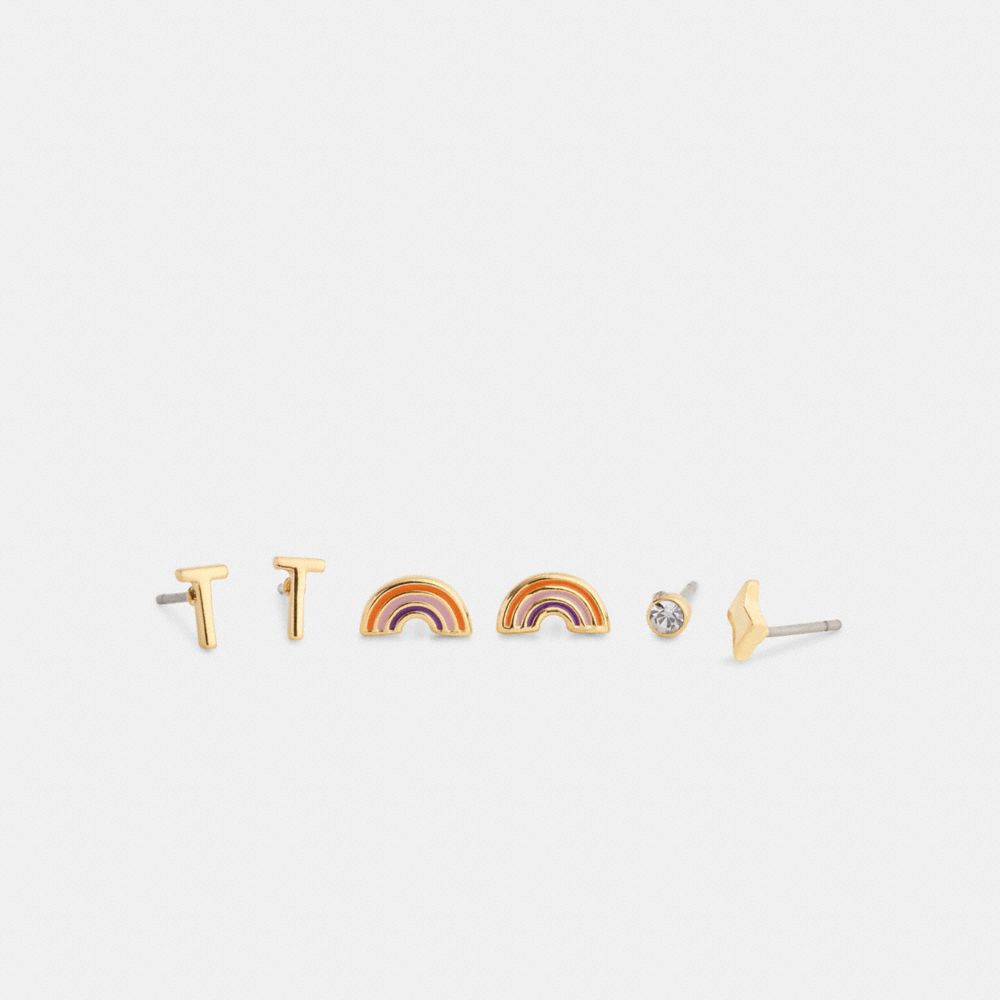 Coach T Initial Stud Earrings Set Gold Multi