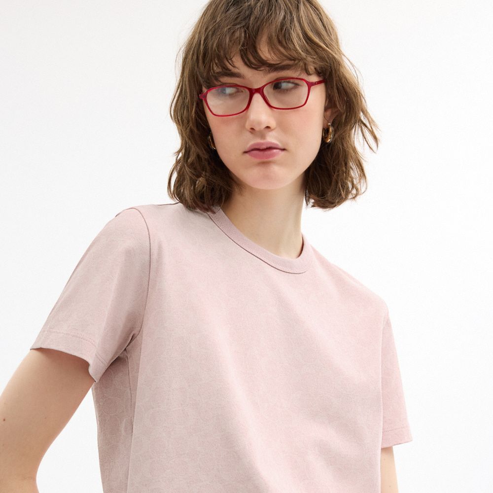 Coach All Over Signature T Shirt In Organic Cotton Pink Multi