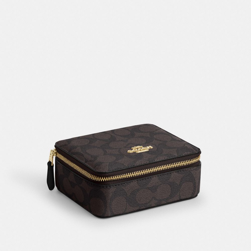 Coach Large Jewelry Box In Signature Canvas Gold Walnut Black