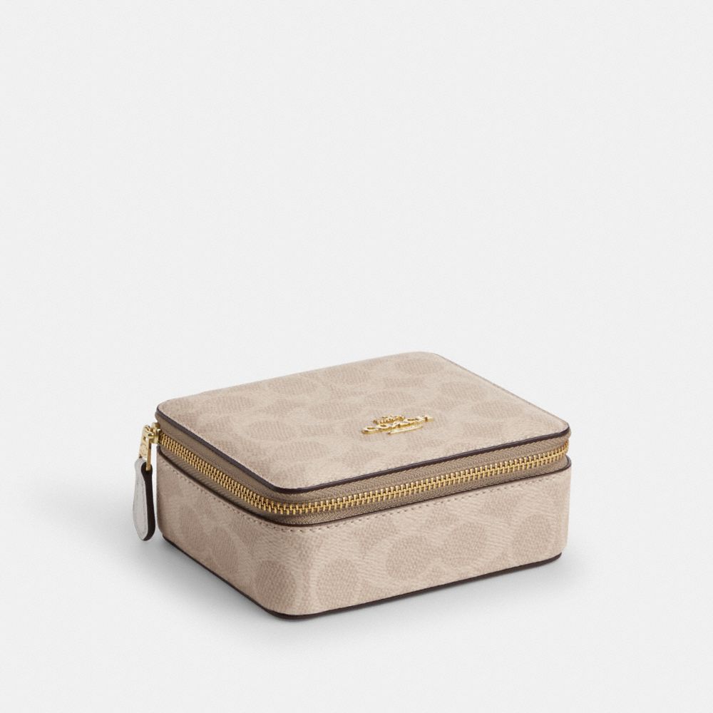 Coach Large Jewelry Box In Signature Canvas Gold Sand Chalk