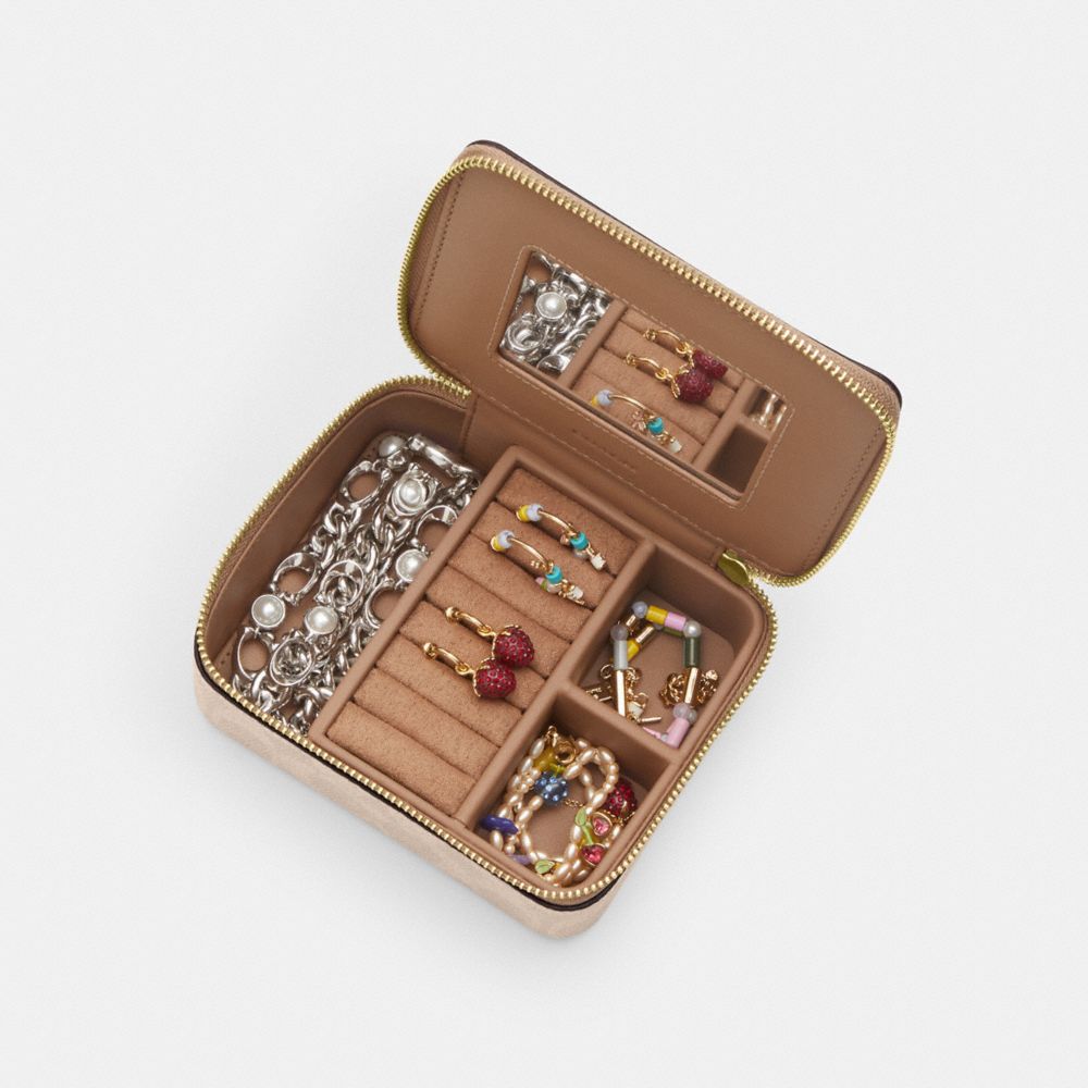 Coach Large Jewelry Box In Signature Canvas Gold Sand Chalk