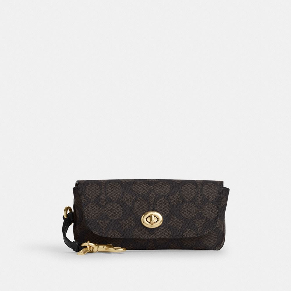 Coach Sunglass Case In Signature Canvas Gold Walnut Black
