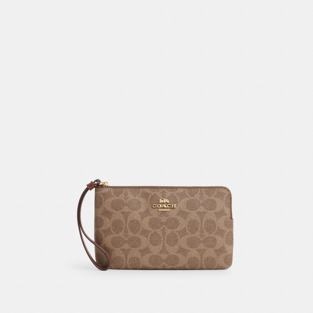 Coach Large Corner Zip Wristlet In Signature Canvas Gold Tan Brown