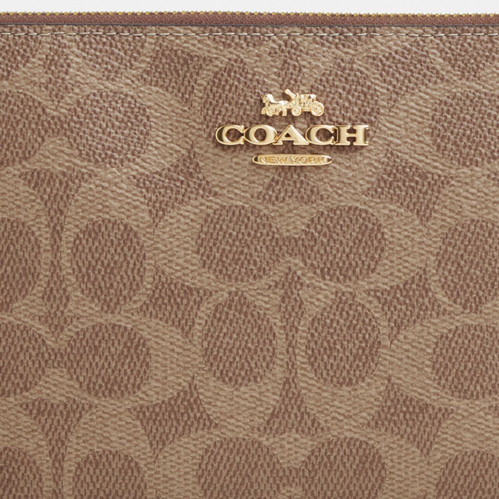 Coach Large Corner Zip Wristlet In Signature Canvas Gold Tan Brown