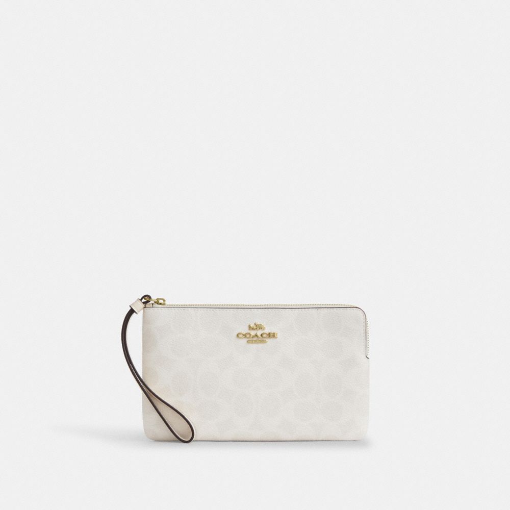 Coach Large Corner Zip Wristlet In Signature Canvas Gold White Chalk