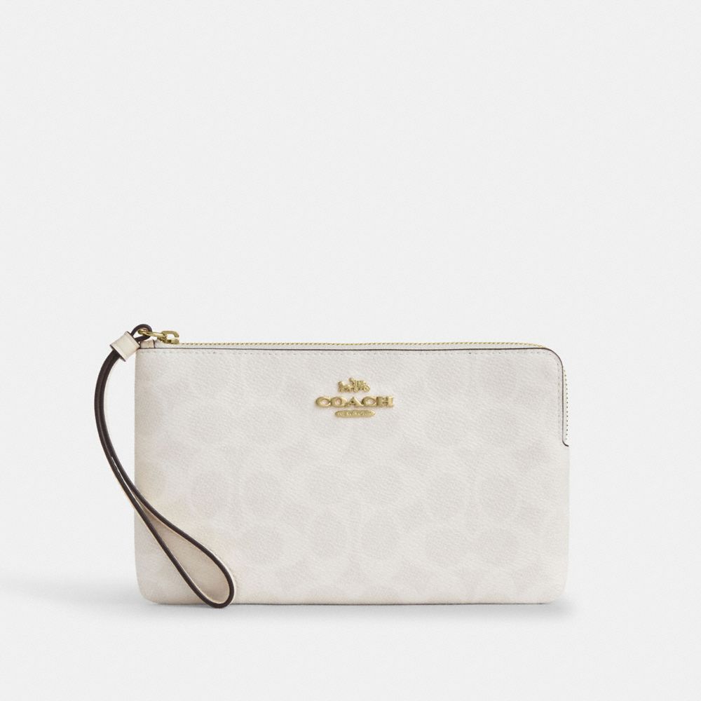 Coach Large Corner Zip Wristlet In Signature Canvas Gold White Chalk