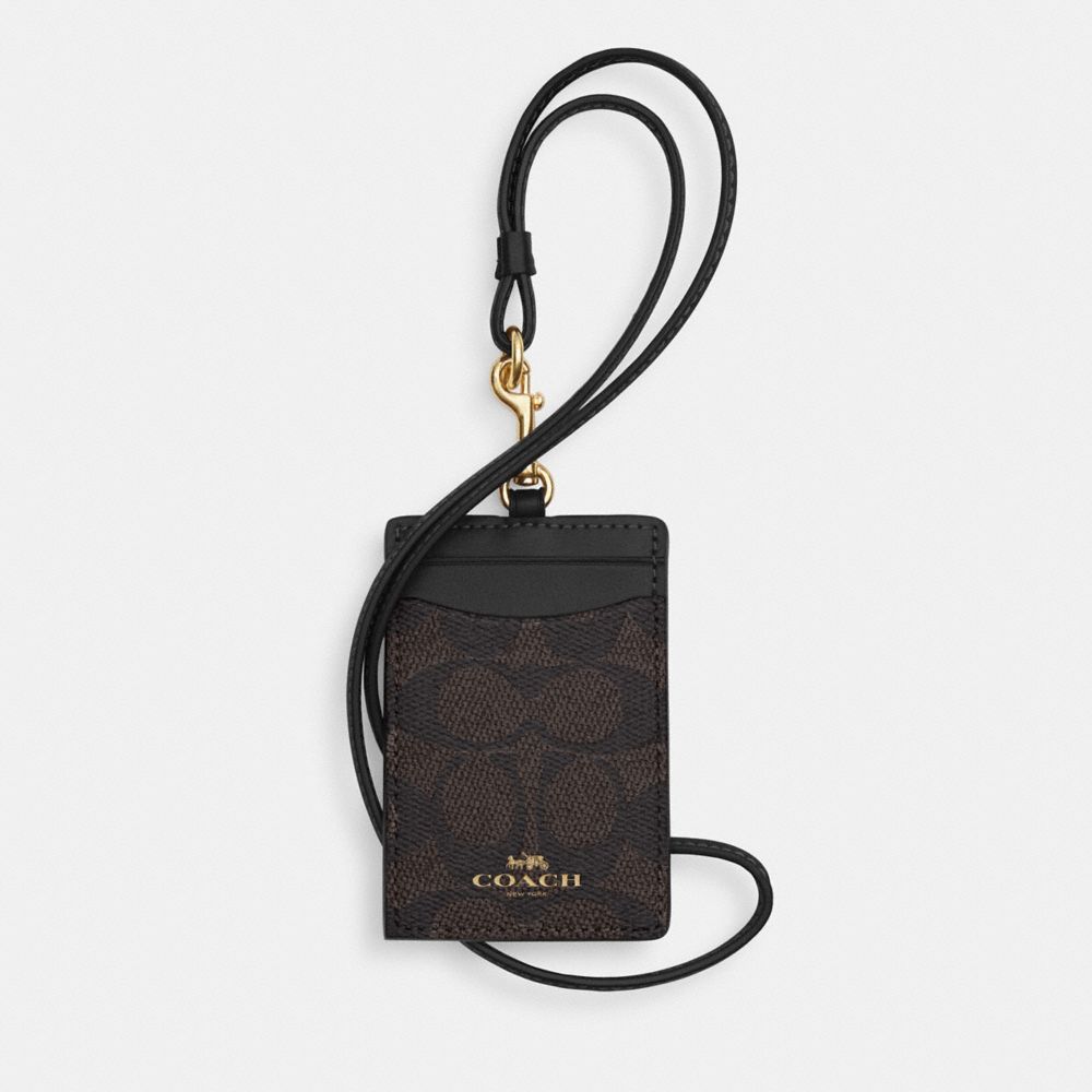 Coach Id Lanyard In Signaure Canvas Gold Walnut Black