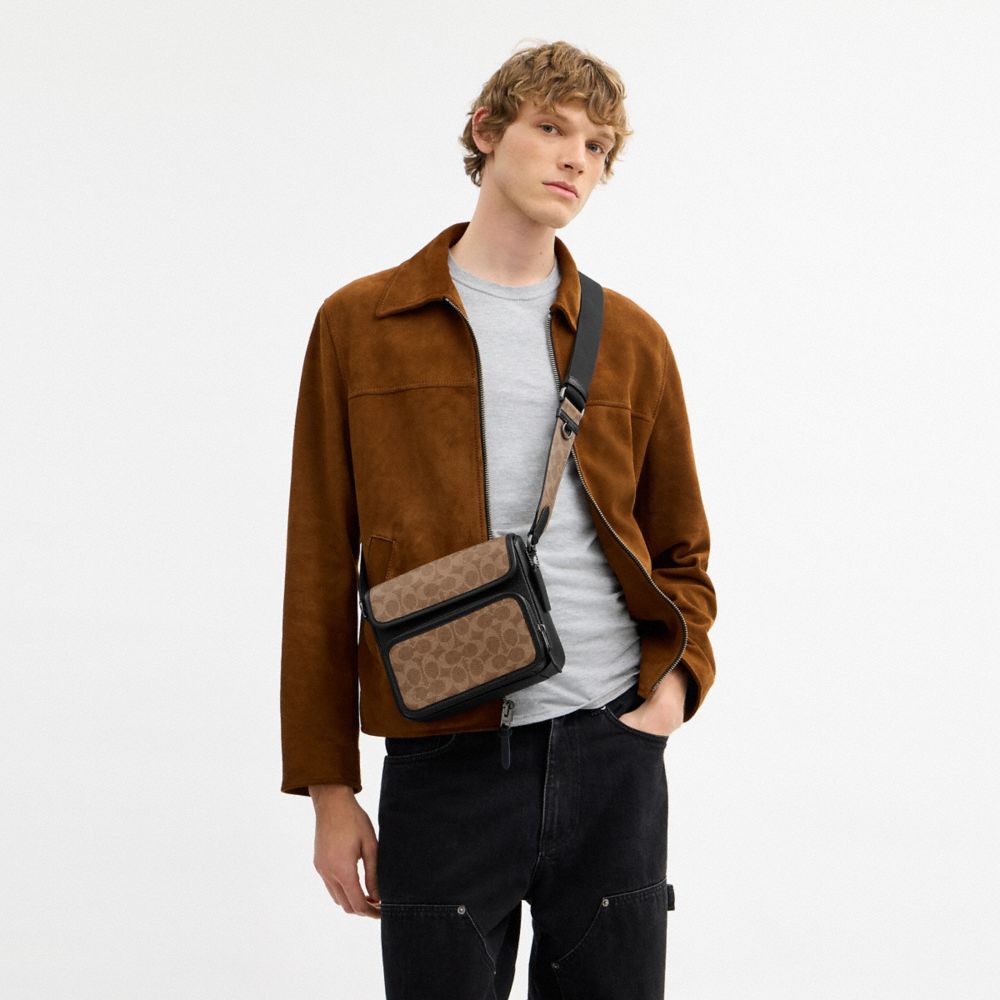 Coach Sullivan Flap Crossbody Bag In Signature Canvas Gunmetal Tan Black