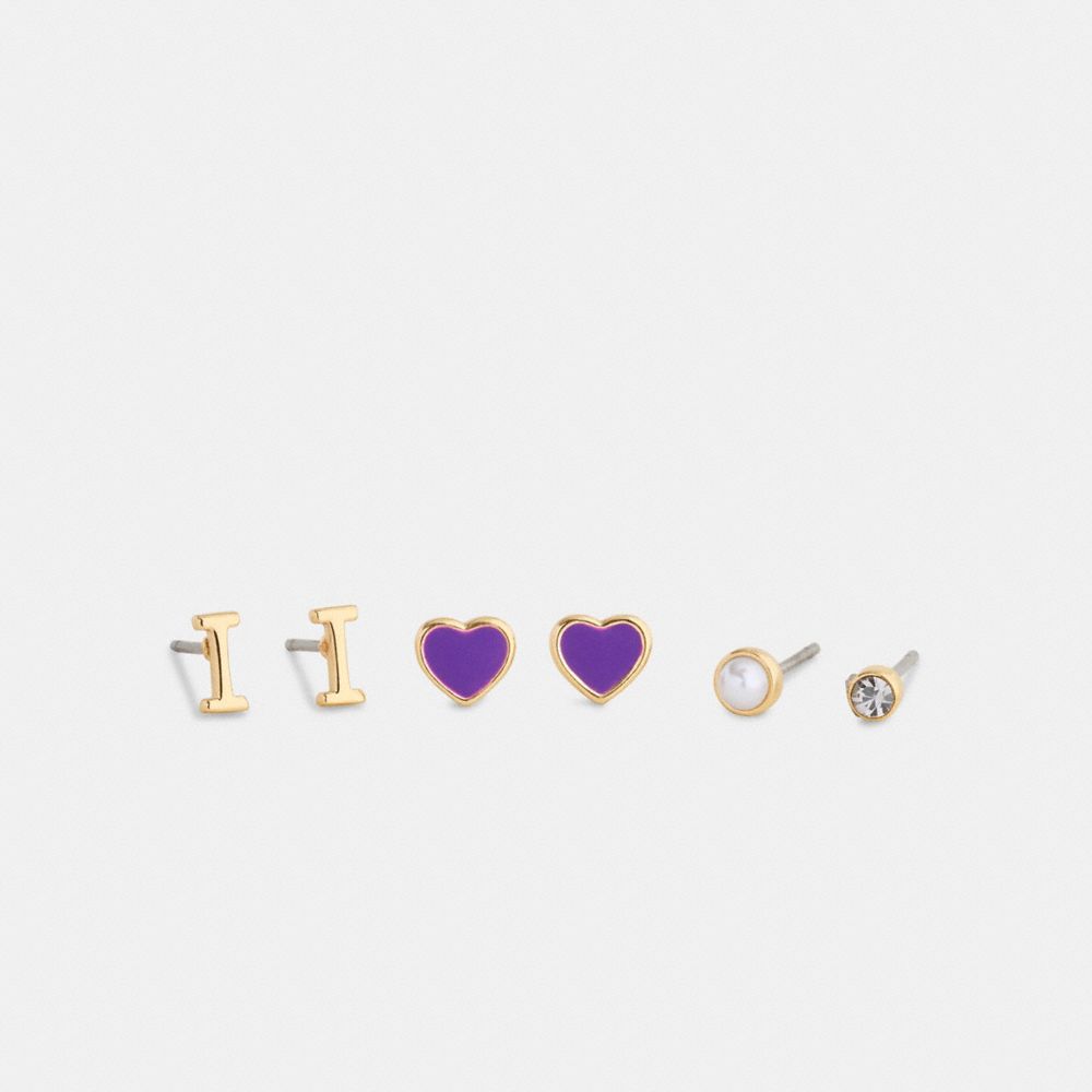 Coach I Initial Stud Earrings Set Gold Purple