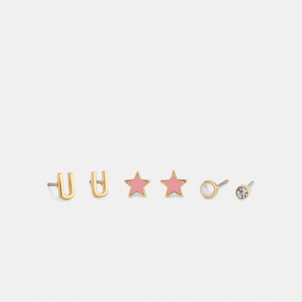 Coach U Initial Stud Earrings Set Gold Pink