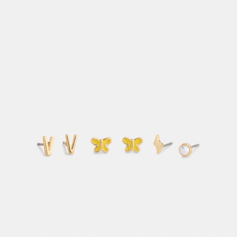 Coach V Initial Stud Earrings Set Gold Yellow