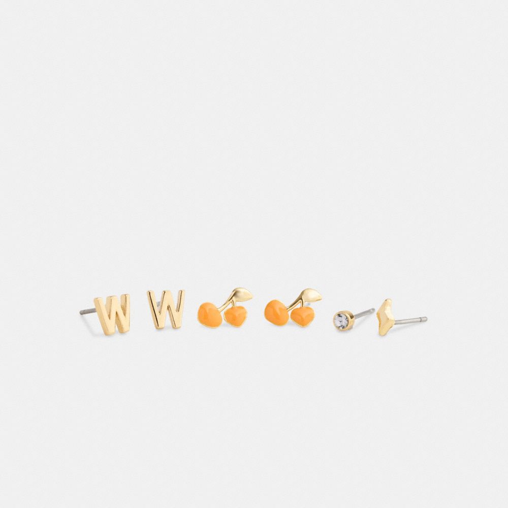 Coach W Initial Stud Earrings Set Gold Orange
