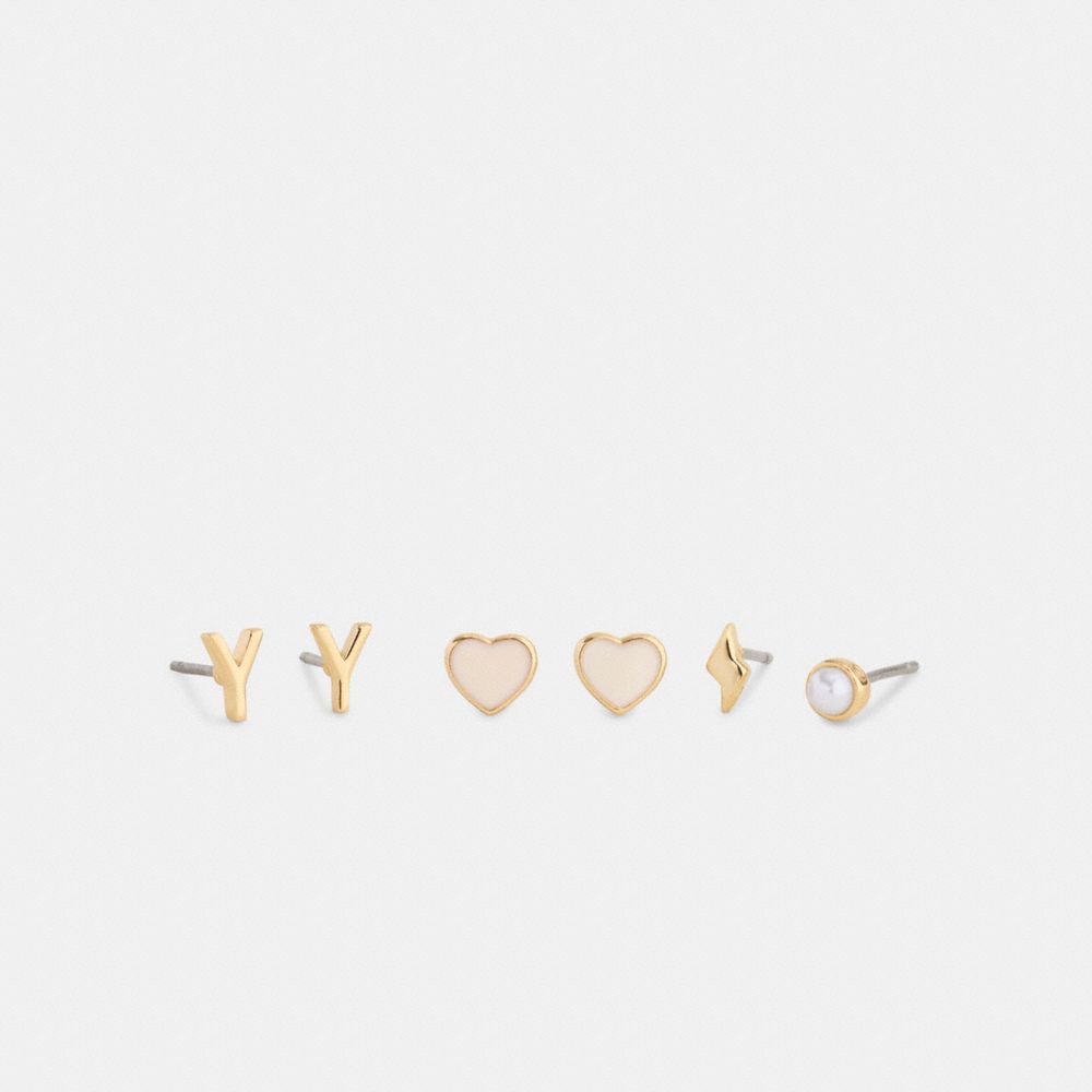 Coach Y Initial Stud Earrings Set Gold White