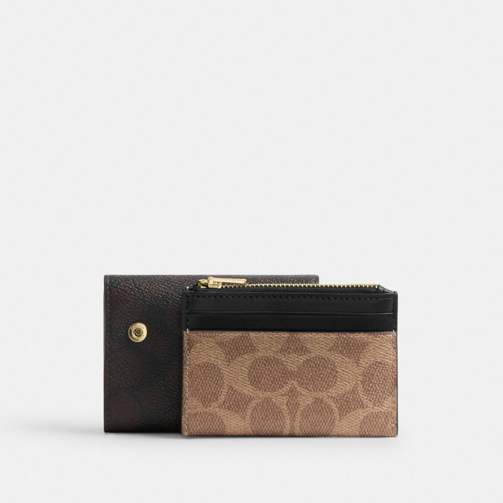Coach Card Holder Wallet In Blocked Signature Canvas Gold Walnut Tan