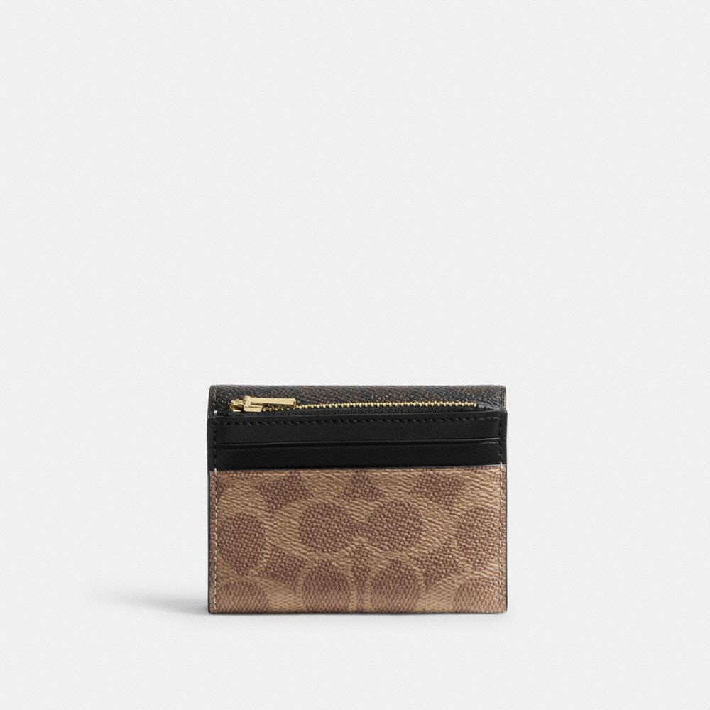 Coach Card Holder Wallet In Blocked Signature Canvas Gold Walnut Tan