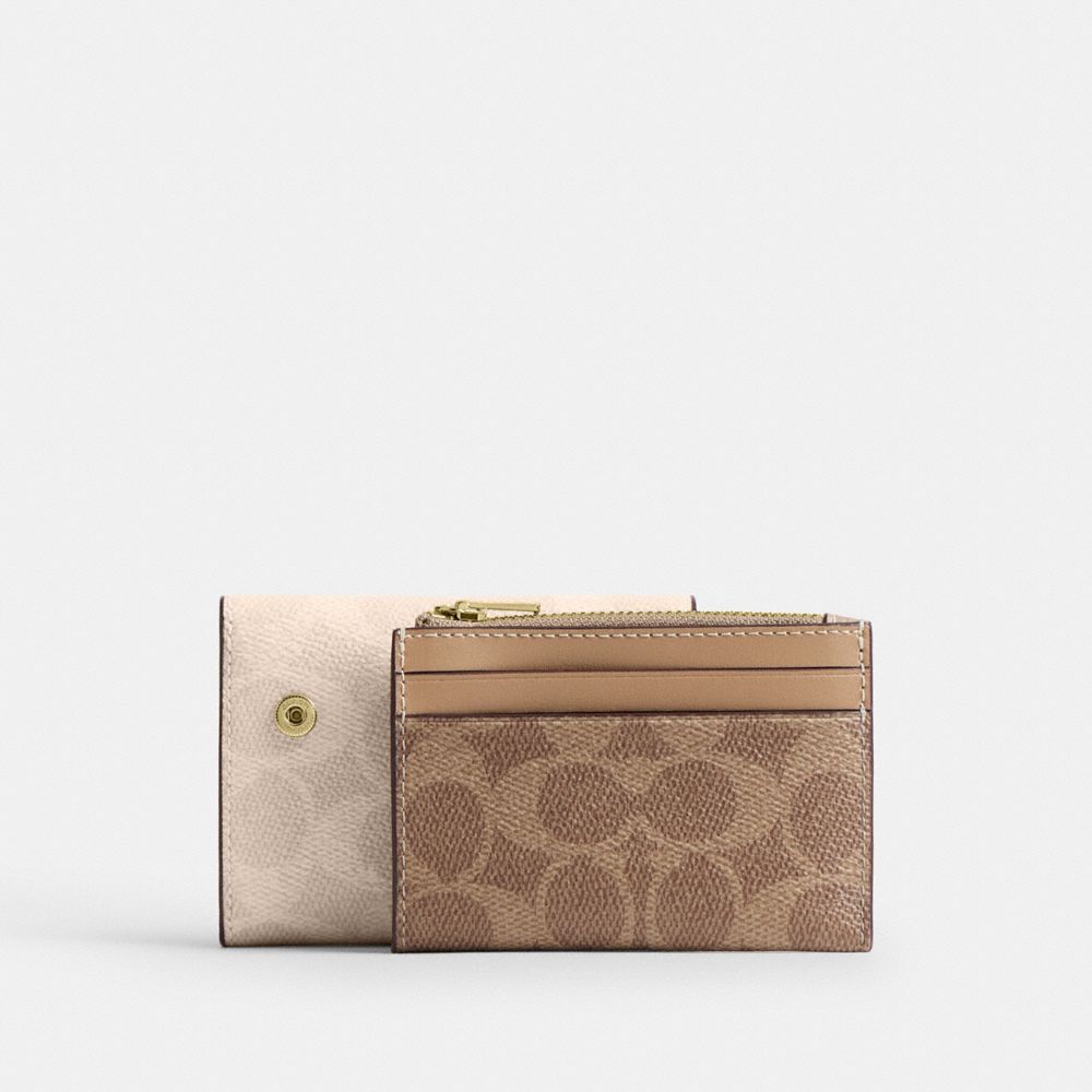 Coach Card Holder Wallet In Blocked Signature Canvas Gold Sand Tan