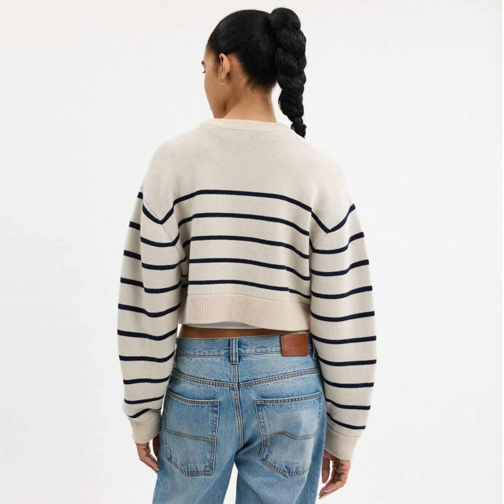 Coach Cursive Signature Striped Cropped Sweater Cream