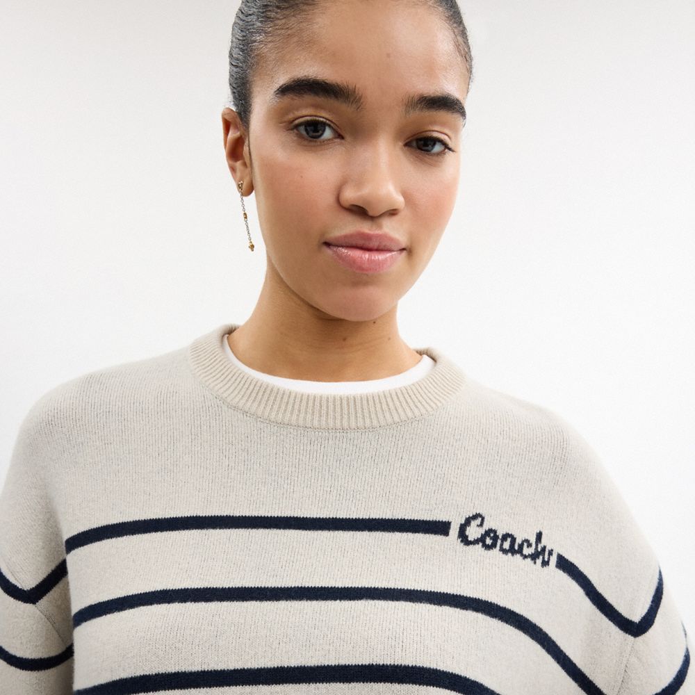 Coach Cursive Signature Striped Cropped Sweater Cream
