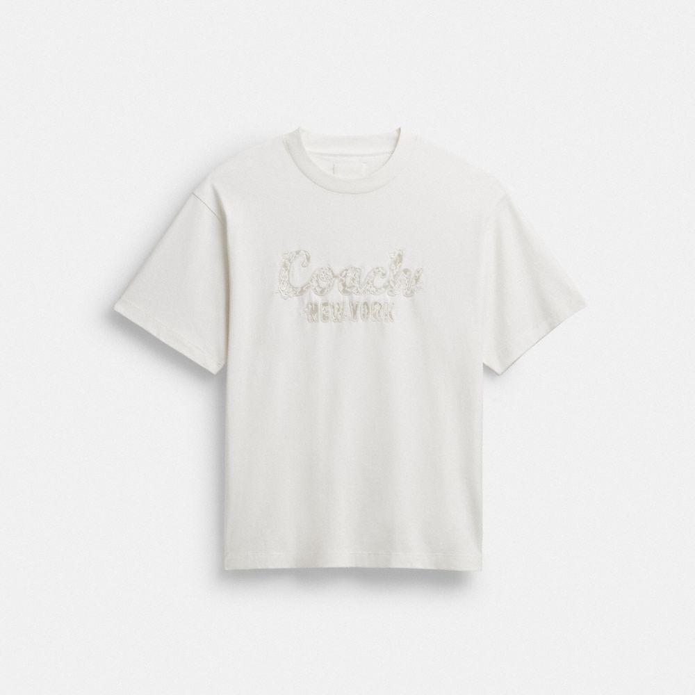 Coach Cursive Coach Embroidered T Shirt In Organic Cotton White