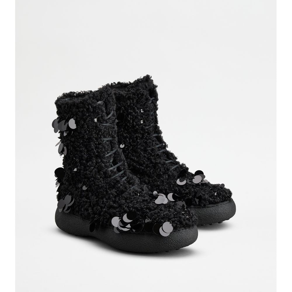 Tods W. G. Lace-Up Ankle Boots In Faux Fur Black Womens