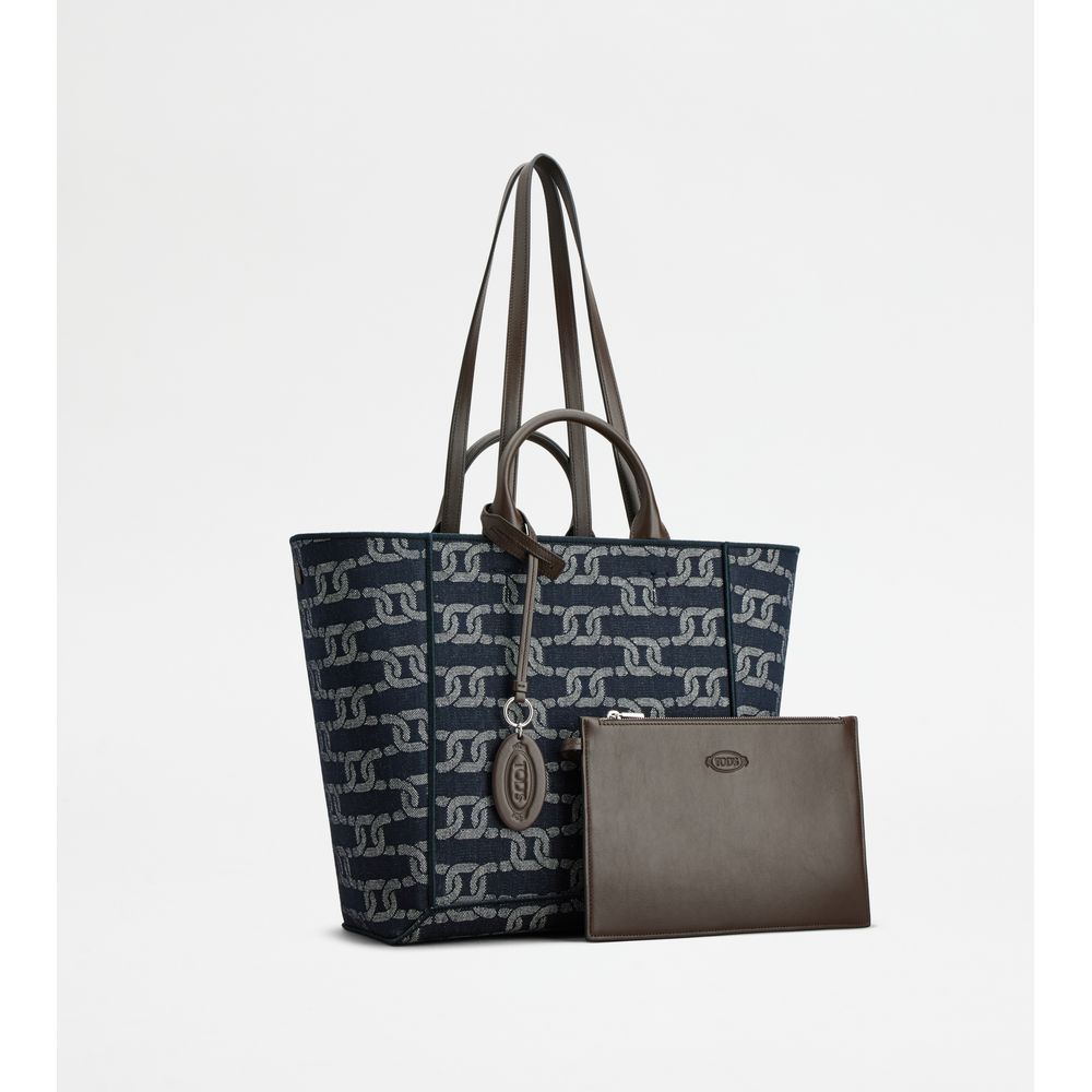 Tods Double Up Shopping Bag In Denim And Leather Medium Blue Brown