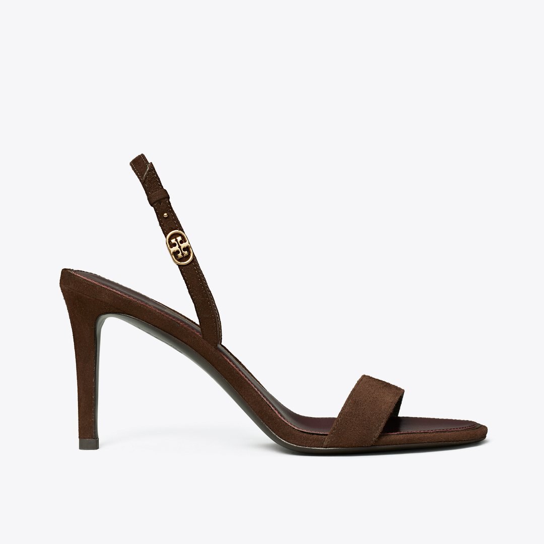 Tory Burch Double T Buckle Heeled Sandal DARK COCOA