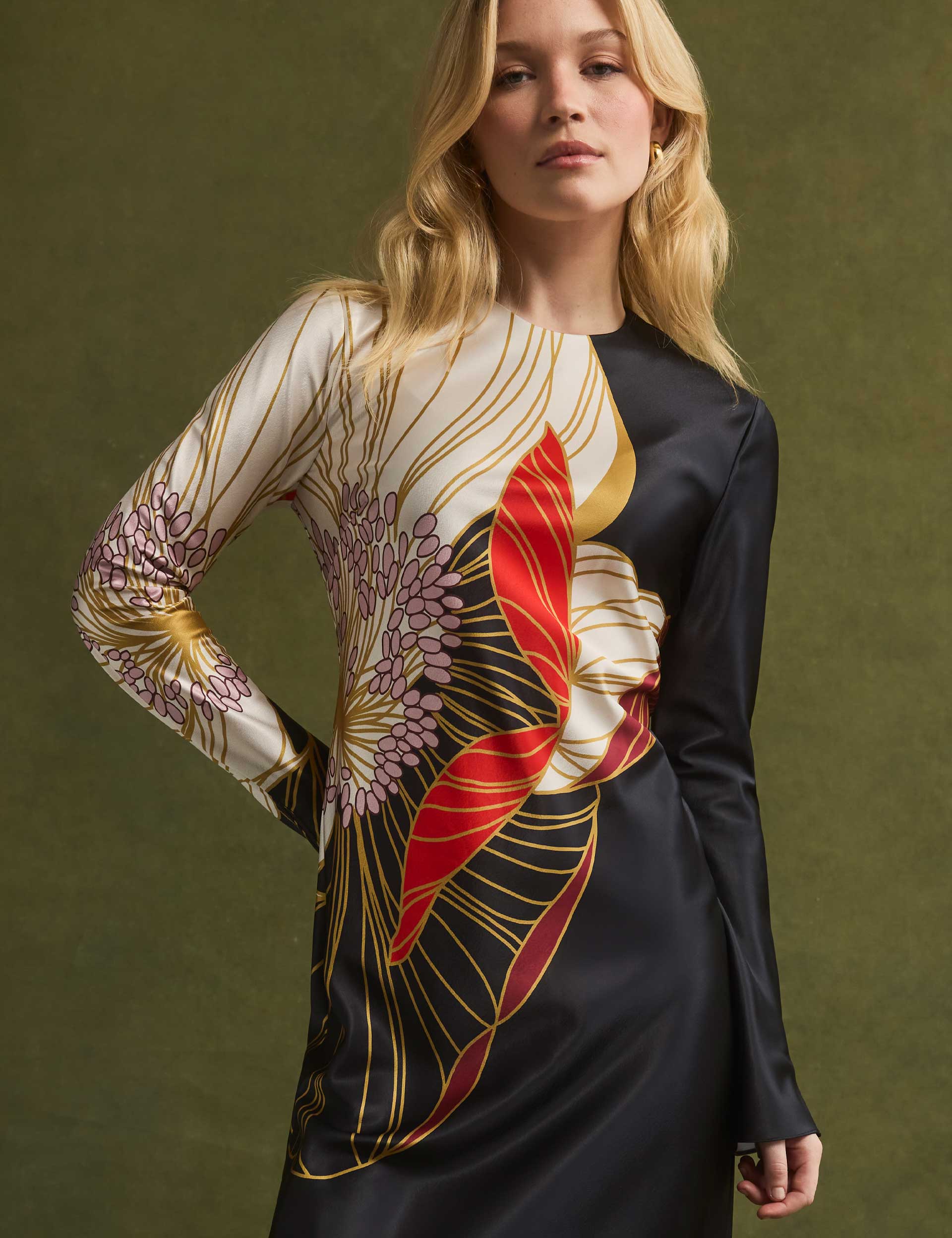 Ted Baker Ziara Floral Graphic Long Sleeve Satin Midi Dress Women's