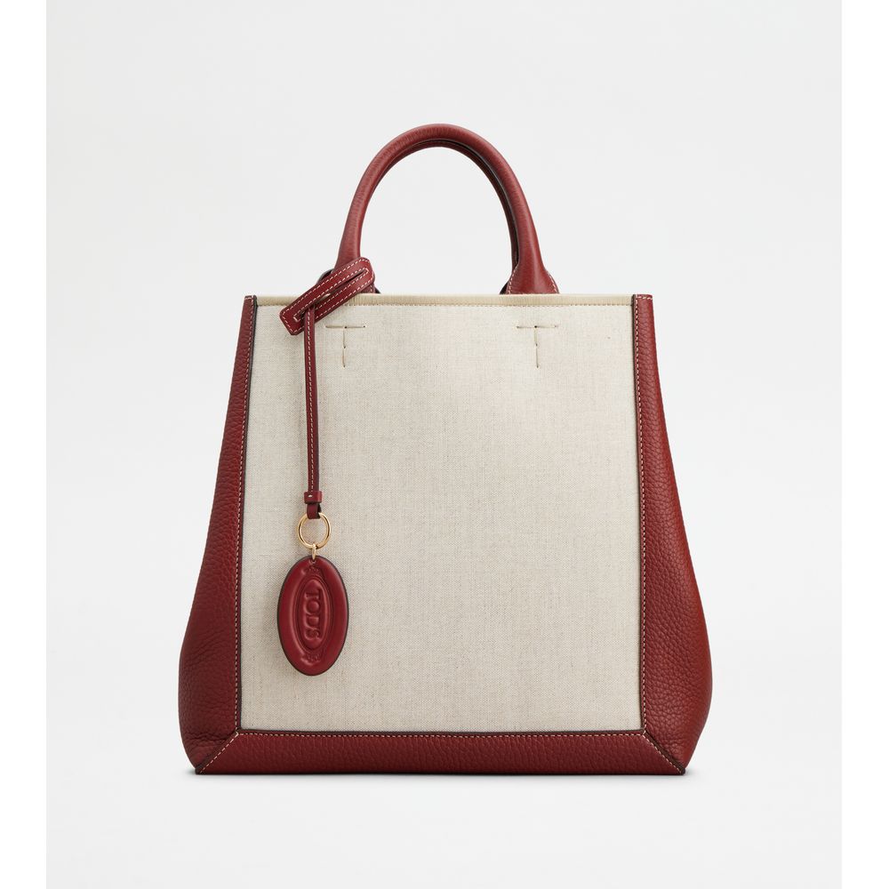 Tods Double Up Shopping Bag In Leather And Canvas Cny Medium Beige Red