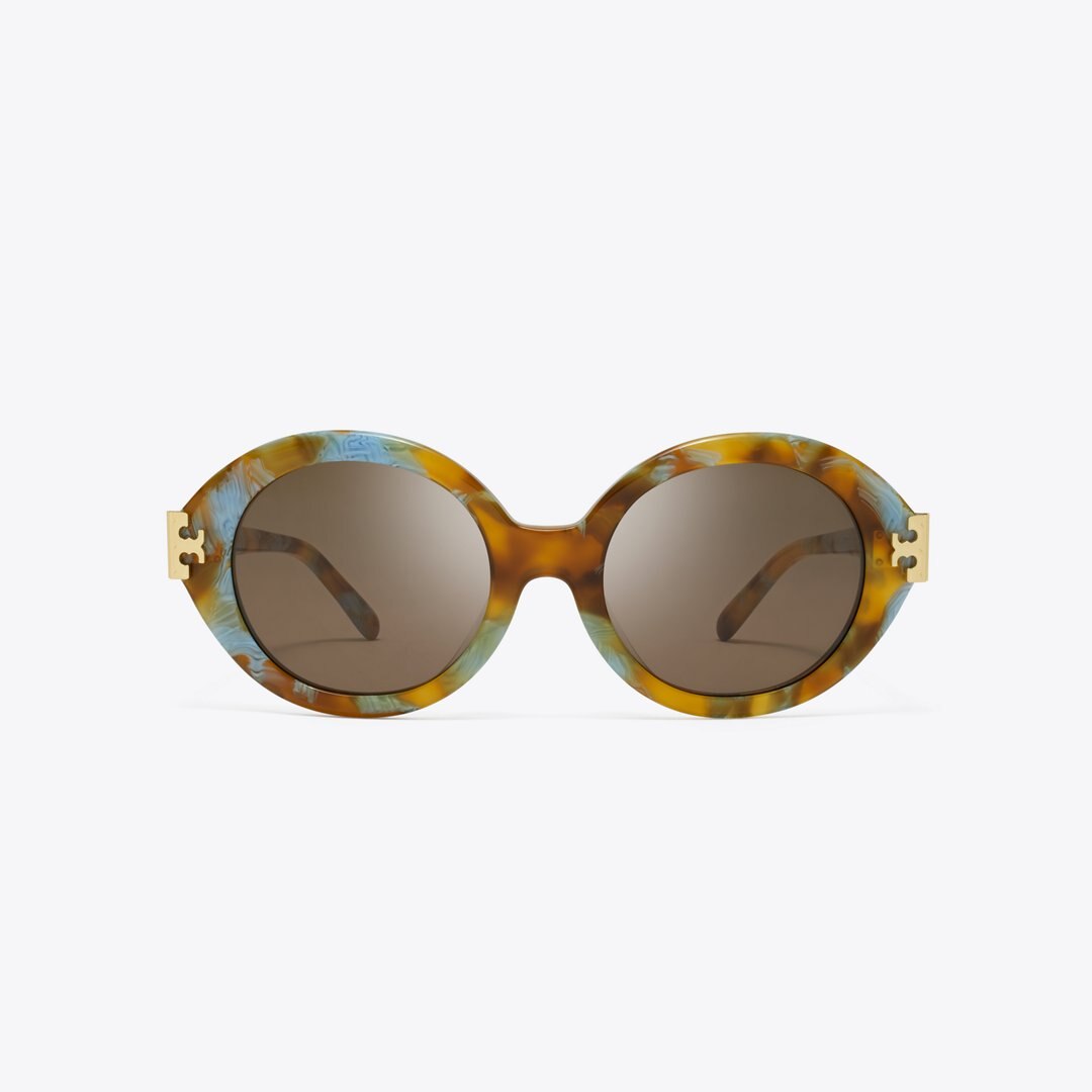 Tory Burch Eleanor Oval Sunglasses BLUE HONEY TORTOISE/DARK BROWN