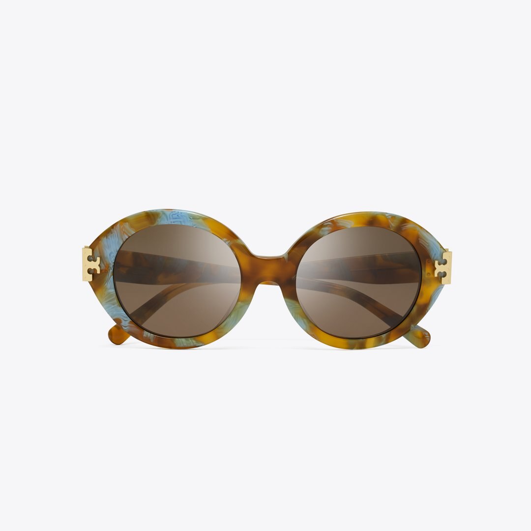 Tory Burch Eleanor Oval Sunglasses BLUE HONEY TORTOISE/DARK BROWN