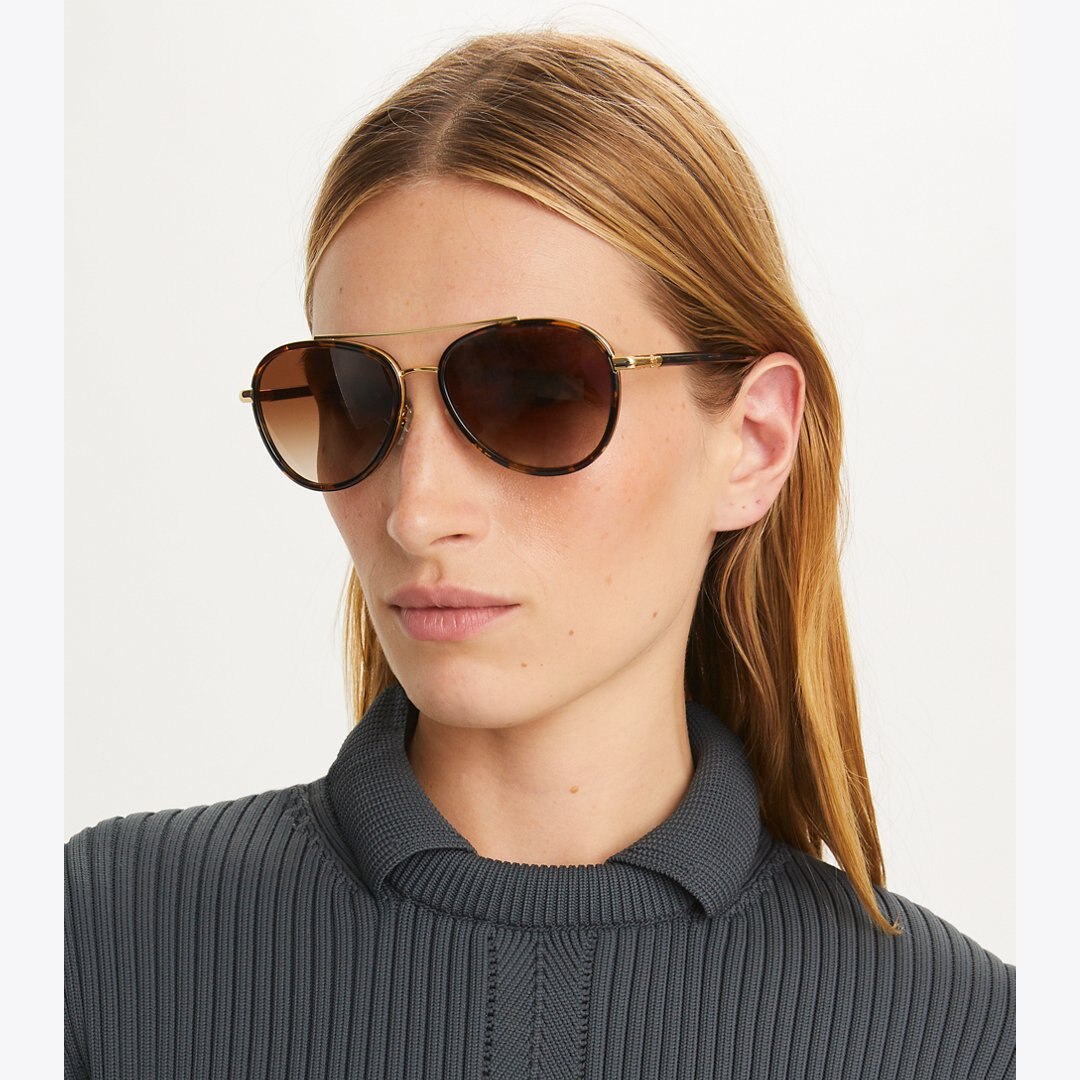 Tory Burch Eleanor Pilot Sunglasses DARK TORTOISE