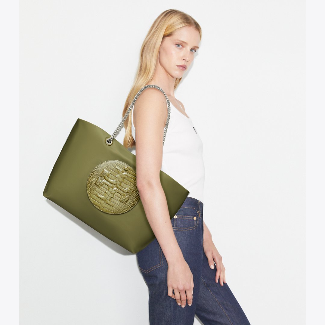 Tory Burch Ella Croc Chain Tote Green Khaki