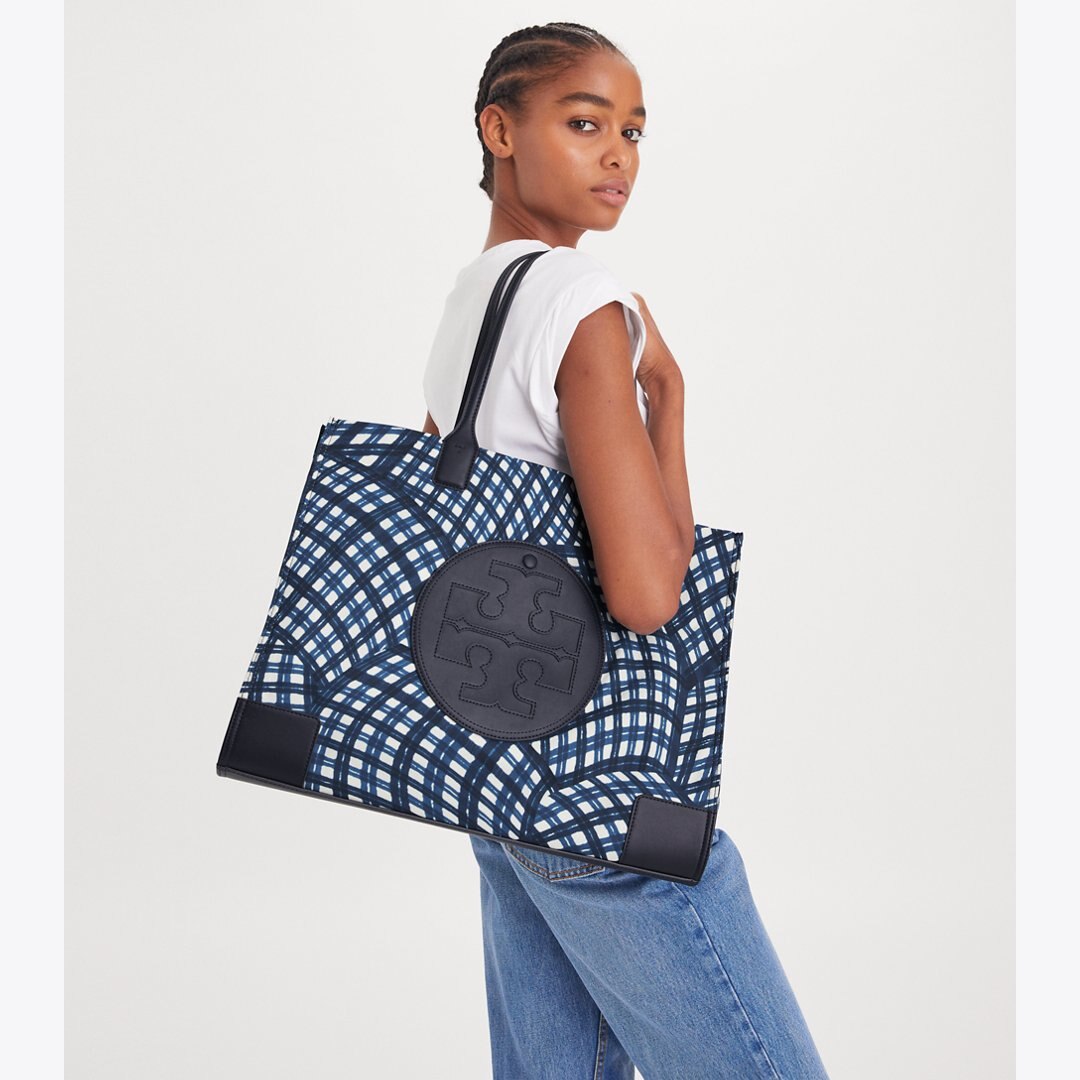 Tory Burch Ella Printed Tote Navy Warped Gingham