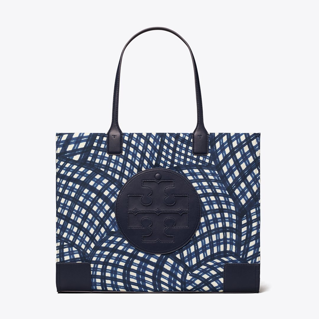 Tory Burch Ella Printed Tote Navy Warped Gingham
