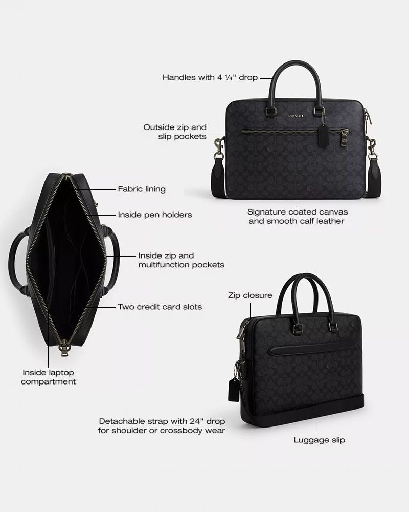 Coach Ethan Slim Brief In Signature Canvas Gunmetal Charcoal Black