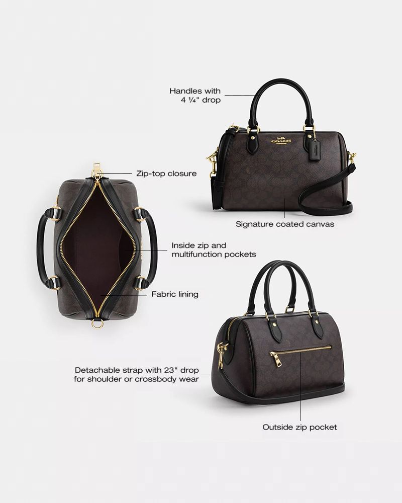 Coach Rowan Satchel Bag In Signature Canvas Gold Walnut Black