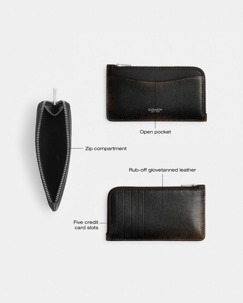 Coach New York Zip Card Case In Loved Leather Silver Black Brown