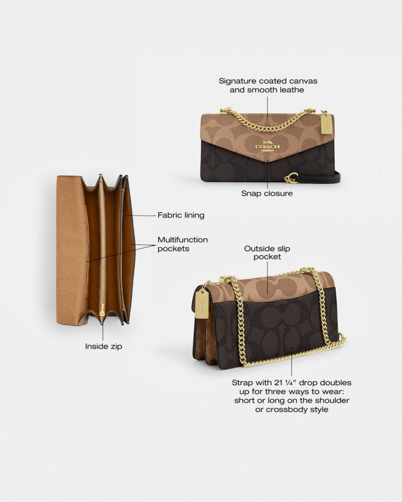Coach Klare Envelope Crossbody Bag In Blocked Signature Canvas Gold Walnut Tan