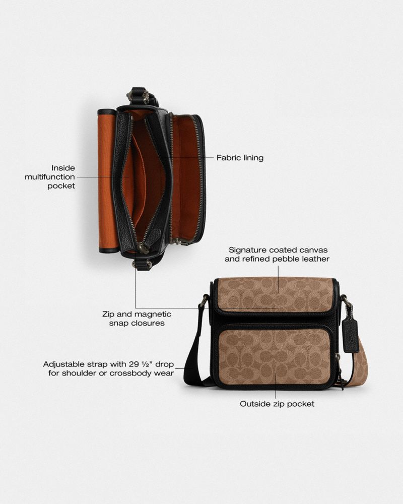 Coach Sullivan Flap Crossbody Bag In Signature Canvas Gunmetal Tan Black