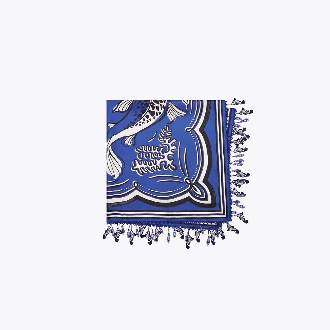 Tory Burch Fish Silk Square Scarf Fish Blue