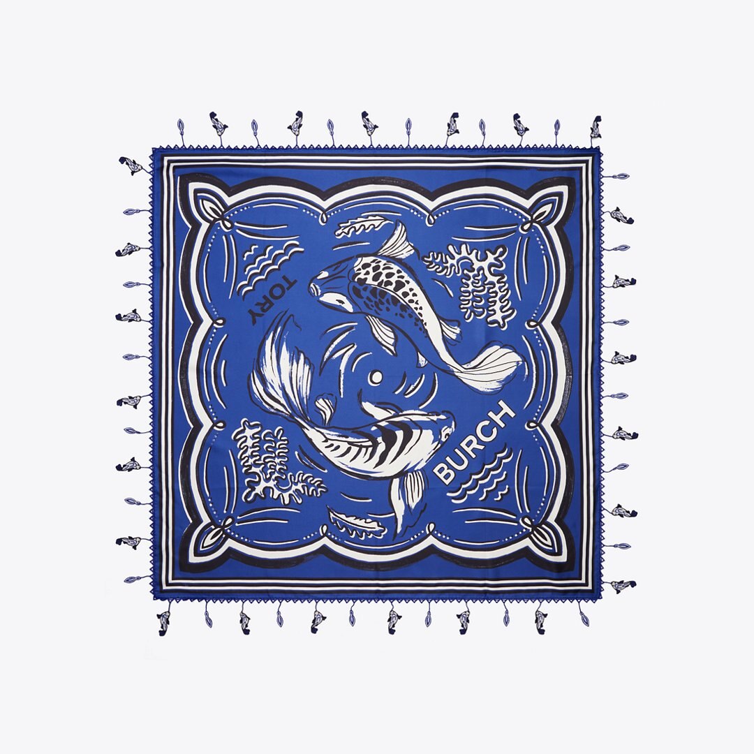 Tory Burch Fish Silk Square Scarf Fish Blue