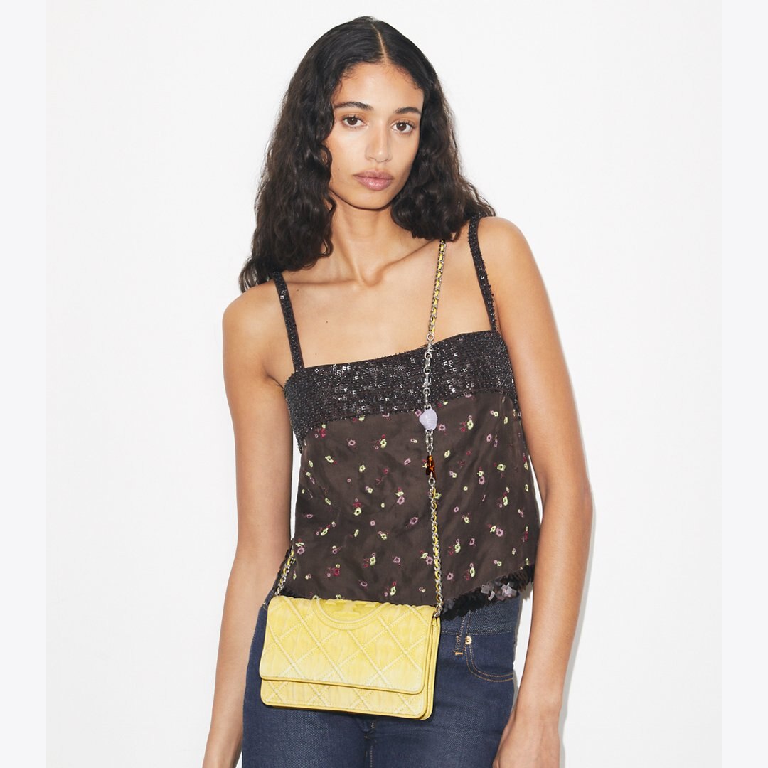Tory Burch Fleming Denim Charm Chain Crossbody Yellow