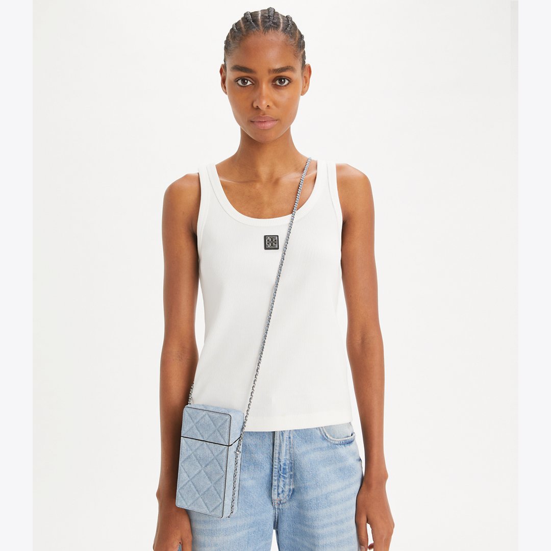 Tory Burch Fleming Denim-Print Suede Phone Crossbody Denim